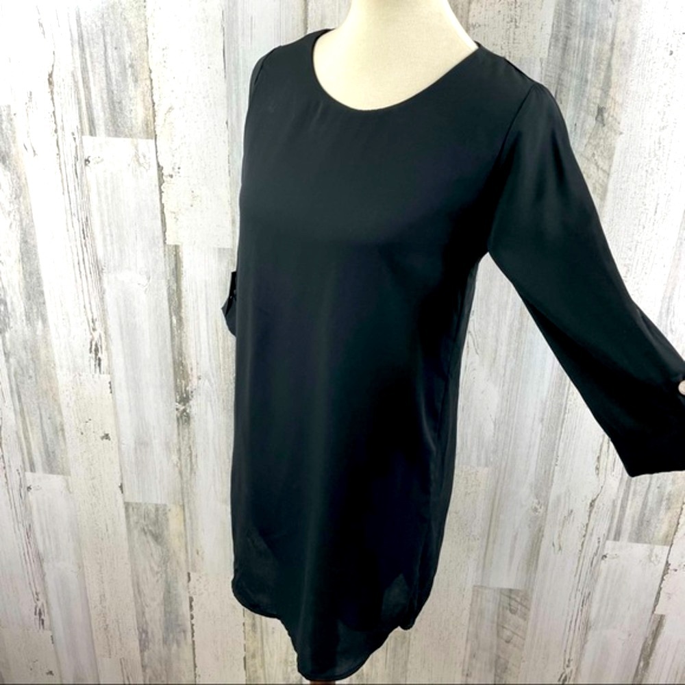 Everly Women’s Black Boho Streetwear Scoop Neck 3/4 Sleeve Tunic Mini Dress S